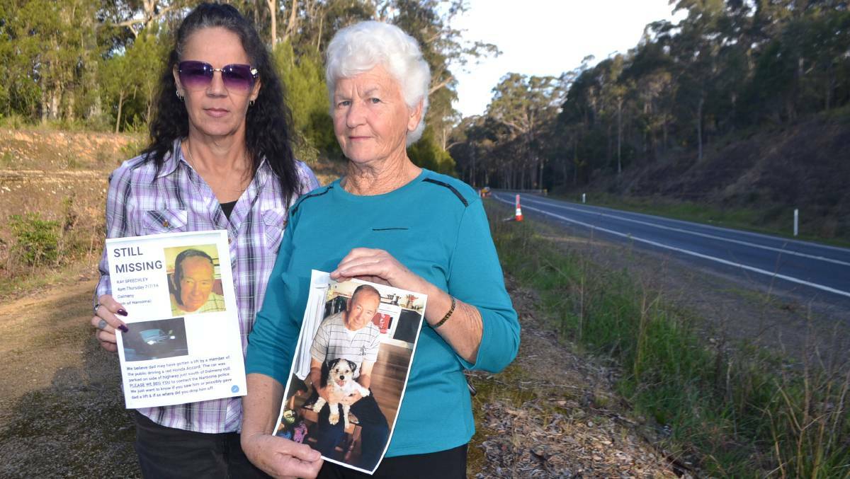 In 2016, Nikii Smith and her mother Jan Speechley stand near the Princes Highway north of Dalmeny where someone was seen leaning into a red-coloured car. 