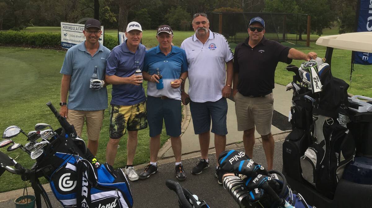 SPECIAL GUEST: Matt Stroud, Anthony Daley, James Poso and Leon Moodie had the honour of golfing with ex-Australian cricketer Merv Hughes.