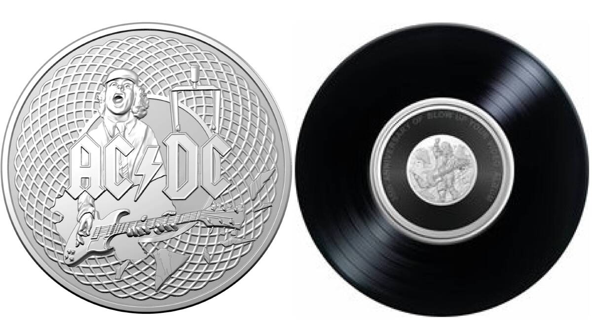 The $1 silver frosted version of the AC/DC coin, left, and the 20c version, right, is coloured to look like a record. Picture supplied