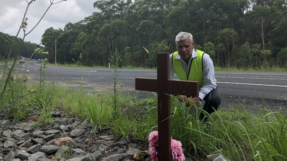 SHAKEN: An emotional Warren Mundine at the site of the 2017 Boxing Day crash near the Bendalong turnoff which claimed the entire Falkholt family. 