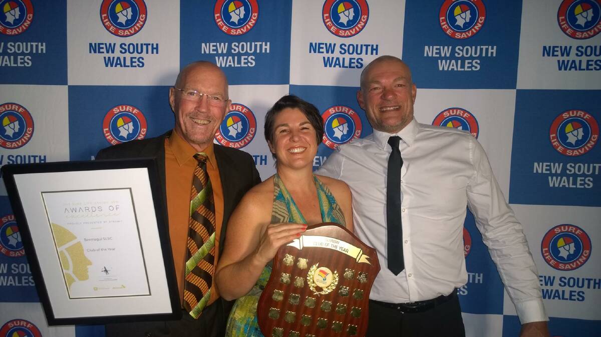 Bermagui Surf Life Saving Club president Bruce McAslan, secretary Cheryl McCarthy and club captain Andrew Curven collect their award at the NSW Surf Life Saving Awards of Excellence in Sydney.