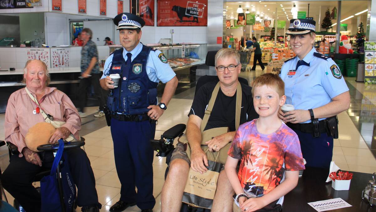 Attending Coffee with a Cop in Bega in December 2016 are Rob Durward of Wandella, Chief Inspector Tony Moodie, Graeme and Brandon Whyman of Bega with Acting Superintendent Angela Burnell. 