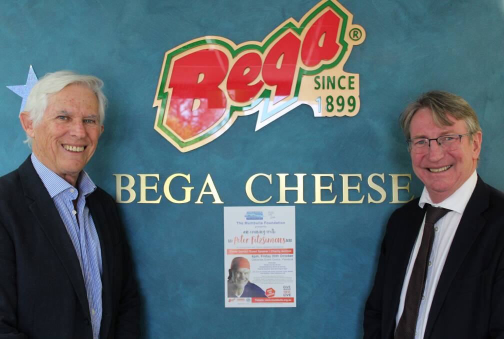 Mumbulla Foundation chairperson Gary Potts thanks Bega Cheese executive chairman Barry Irvin for contributing to the upcoming gala event.