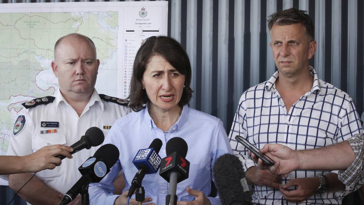 ROAD TO RECOVERY: NSW Premier Gladys Berejiklian addressed media in Bega to declare Tathra a disaster recovery scene, appointing a recovery coordinator to manage community need and government support. Photo: Alex Ellinghausen