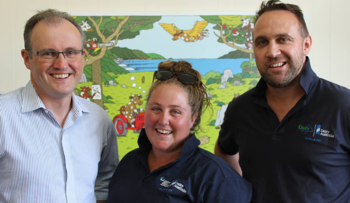SWITCHED ON: IntoIT Sapphire Coast founder Liam O’Duibhir meets with Jess Pearce from the Far South Coast Dairy Development Group and Young Dairy Network supervisor Greg Duncan ahead of the Bega AgTech Days. 