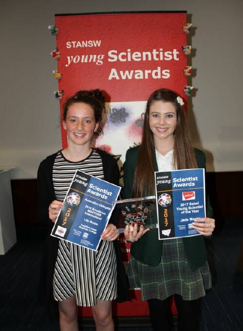 TOP MINDS: SCAC Year 8 student Lila Moore and Year 12 Student Jade Moxey at the 2017 NSW Young Scientist of the Year awards in Woolongong. Photo: Supplied