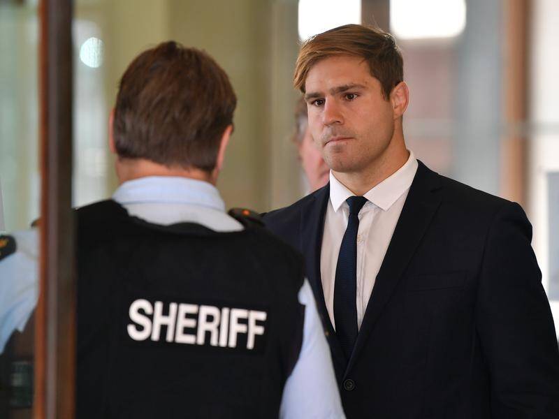 Jack de Belin arrived at Sydney Downing Centre for the start of his retrial over allegations he and Callan Sinclair sexually assaulted a woman in a North Wollongong townhouse. Picture: AAP