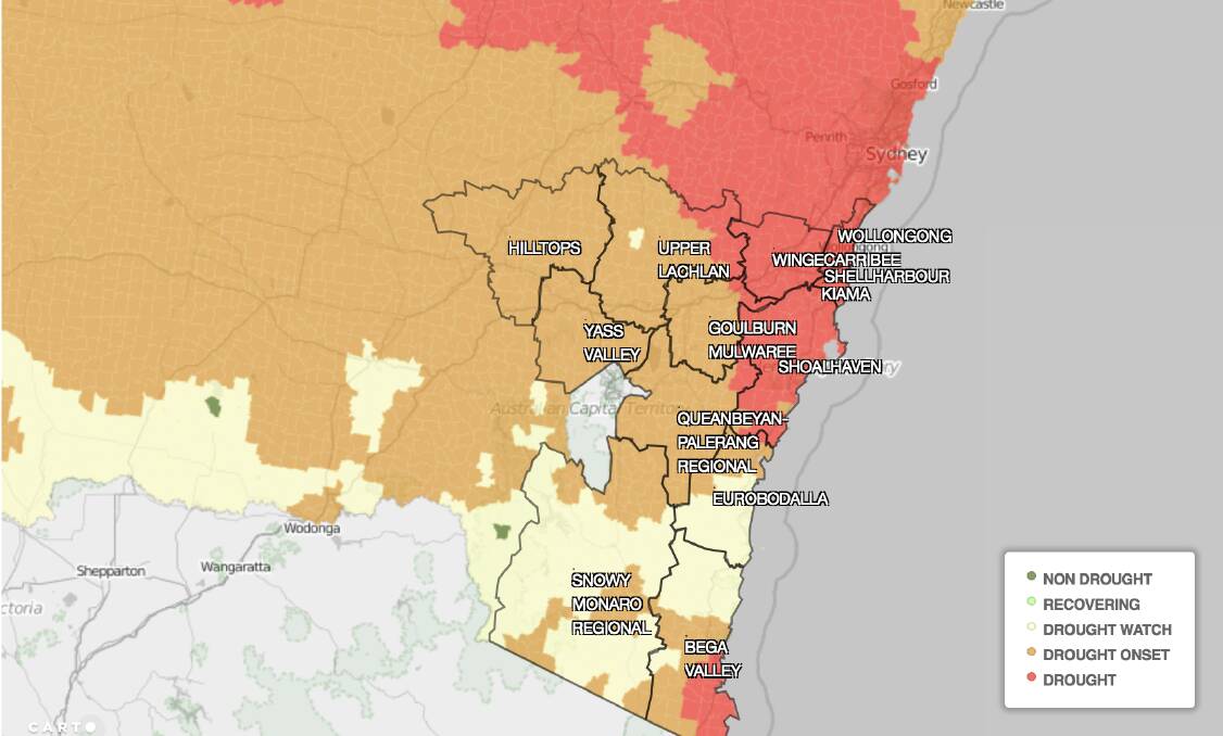 DROUGHT: 74.8 per cent of the South East is in drought or at the onset of drought, while 25.2 per cent is considered classified as watch. Source: NSW government Combined Drought Indicator.