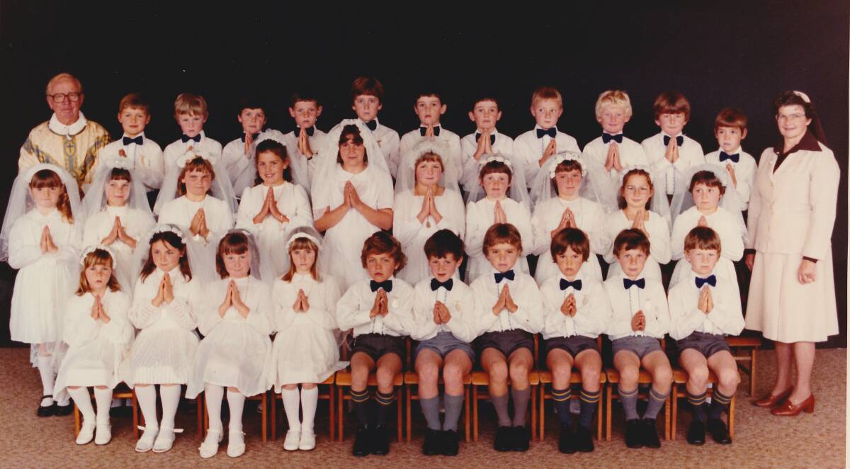 A First Communion in 1981 for these young students: An important day in the lives of these students with weeks of practice and preparation, followed by a wonderful feast for all.