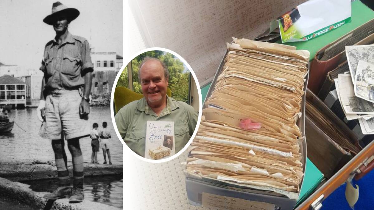 Left: Messages to home: Bill Corby, pictured in Elmina in Ghana, Africa, during World War II. Centre: Greg Bartlett. Right: The suitcase with the WWII memorabilia. Photos: Supplied