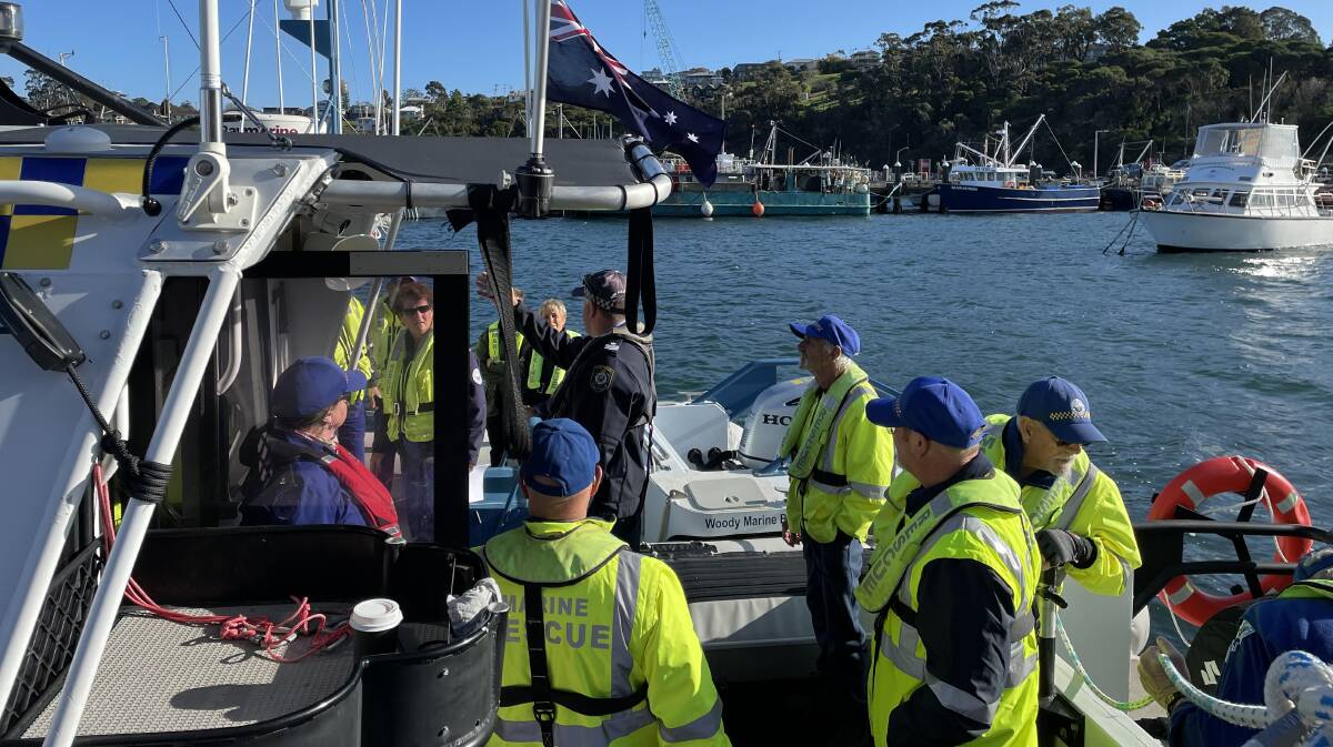 Marine Rescue crews from Eden andc Merimbula receive a briefing before heading out of Eden on a training exercise in September 2022. Photo supplied