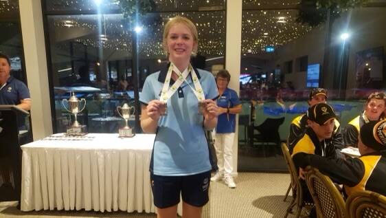 Bowls champion Reese Finn-Young at the medal presentation on the Gold Coast. Picture supplied