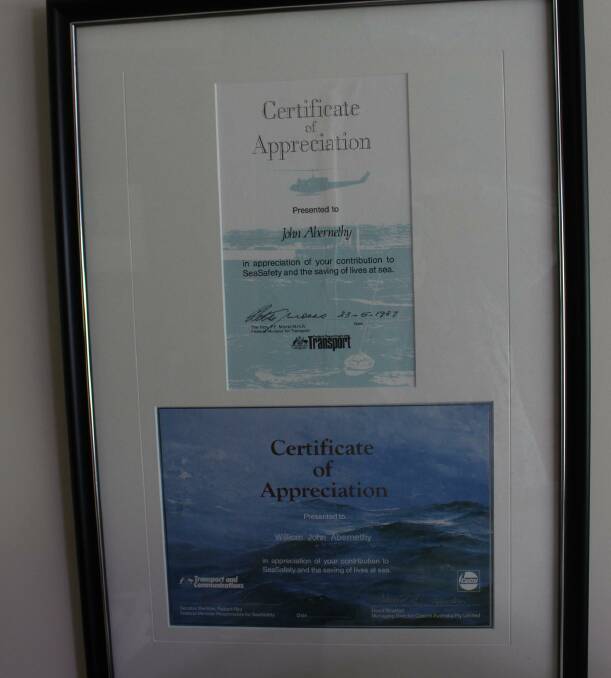 John Abernethy is particularly proud of the Certificate of Appreciation from the federal Department of Transport in 1987 "in appreciation of your contribution to SeaSafety and the saving of lives at sea".