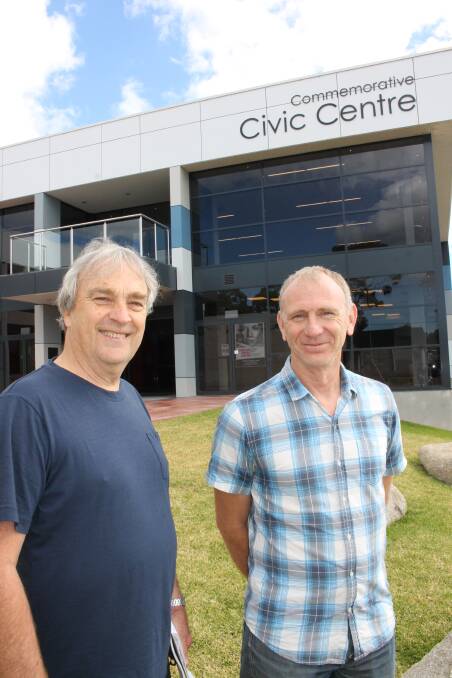 South East Arts general manager Andrew Gray and new board member Bruce Carmichael outside the Bega Valley Commemorative Civic Centre.  