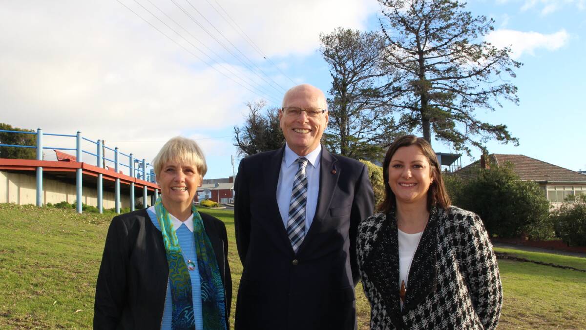 Bega Valley Shire general manager Leanne Barnes with senator Jim Molan and mayor (in 2018) Kristy McBain at Eden during the announcement of intersection funding for the town.
