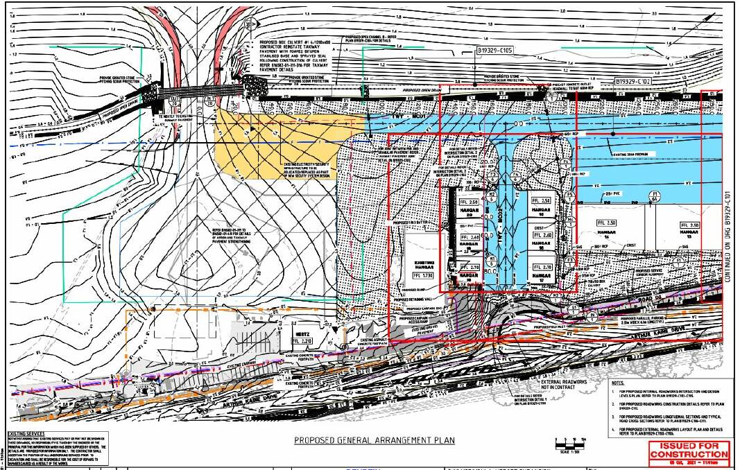 Plan showing work to be carried out on the southern end of the general aviation precinct close to the Hertz office and Merimbula Aircraft Maintenance hangar.