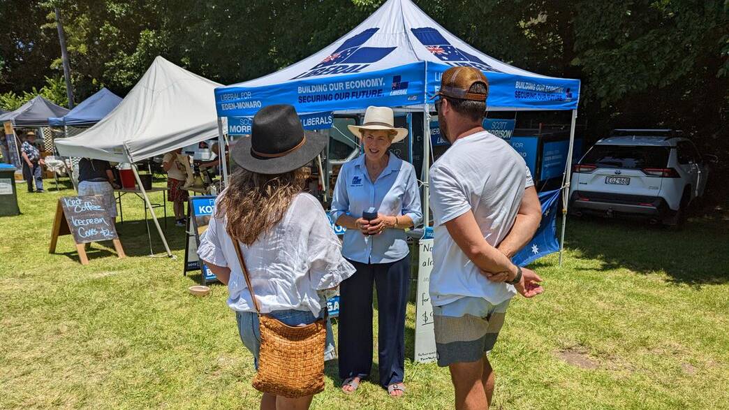 Liberal candidate for the seat of Bega Fiona Kotvojs at Candelo market recently.