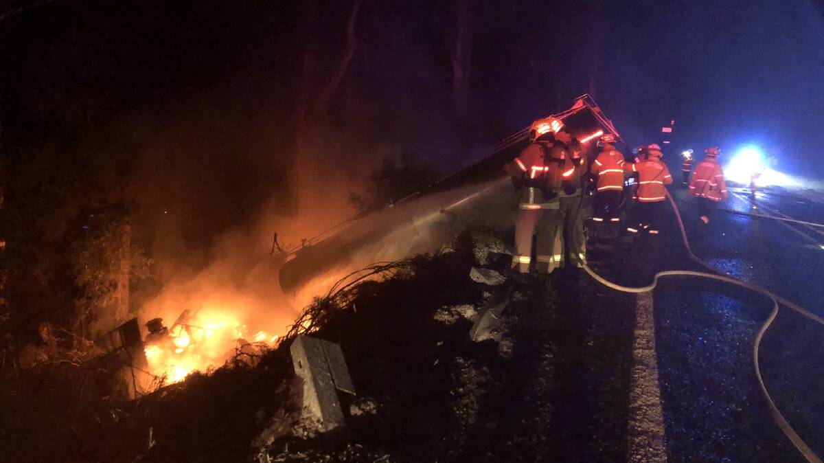 Fire & Rescue and RFS members attended the fire caused by a truck leaving the Princes Highway at 12.30am.