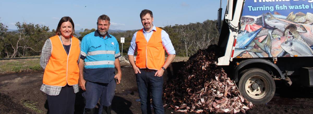 CIRCULAR ECONOMY: Eden-Monaro MP Kristy McBain with Ocean2earth's Tim Crane and shadow innovation spokesman Ed Husic as a fresh delivery of fish waste arrives.