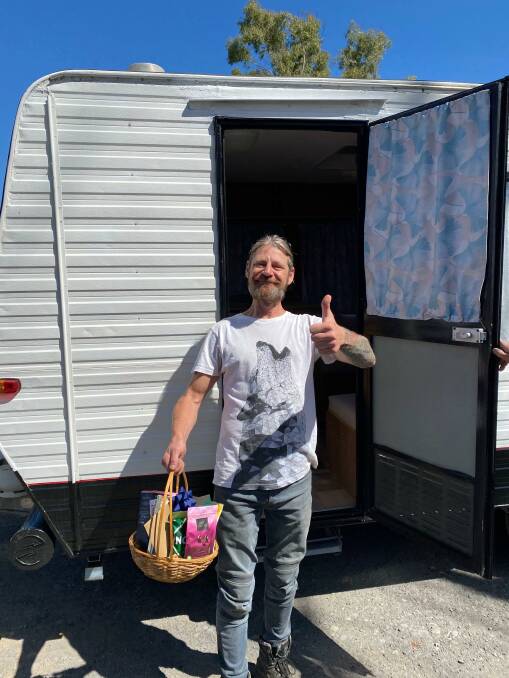 Back on his land: A recent recipient of one of the Social Justice Advocates of the Sapphire Coast caravans, Jamie on his property in Yowrie. He is setting up after losing everything and then renting in Bermagui.