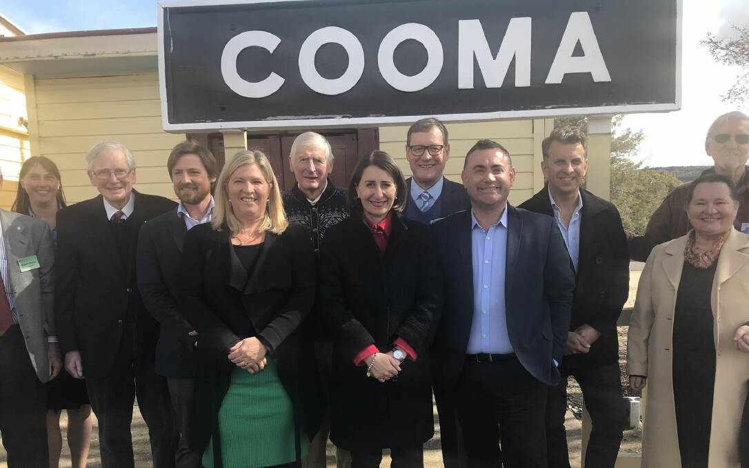 BACK TO THE FUTURE: Premier Gladys Berejiklian,  Monaro MP John Barilaro and Bega MP Andrew Constance with supporters of the rail link.