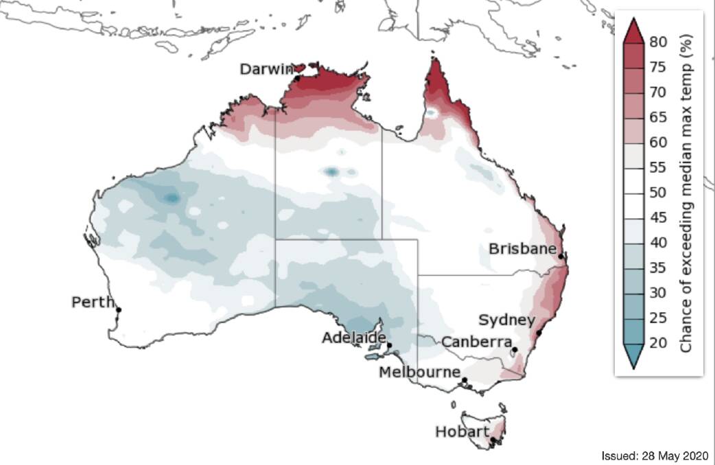 June is likely to be just about average in terms of temperature for the Illawarra, BOM mapping shows.