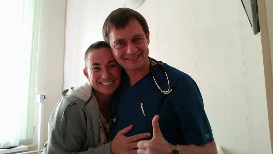 Thumbs up to a successful stem cell transplant. Irene and Doctor Fedorenko in Russia.