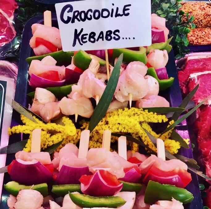 Crocodile Kebabs on display at Whiters Butchery. 