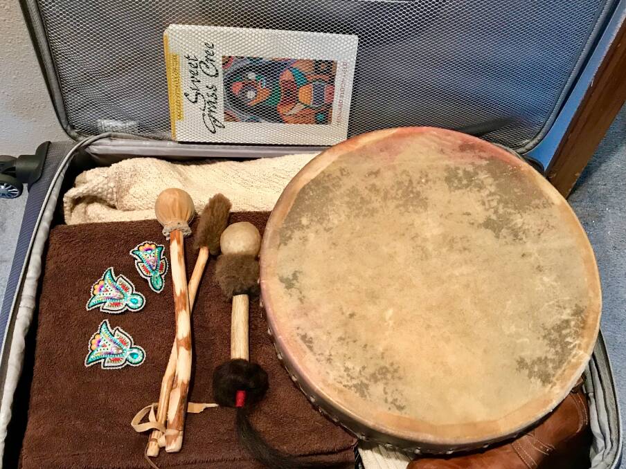 Shakti Hayes' suitcase: Traditional hand drum, buffalo rattle, traditional beaded earrings packed and ready to go. Photo supplied