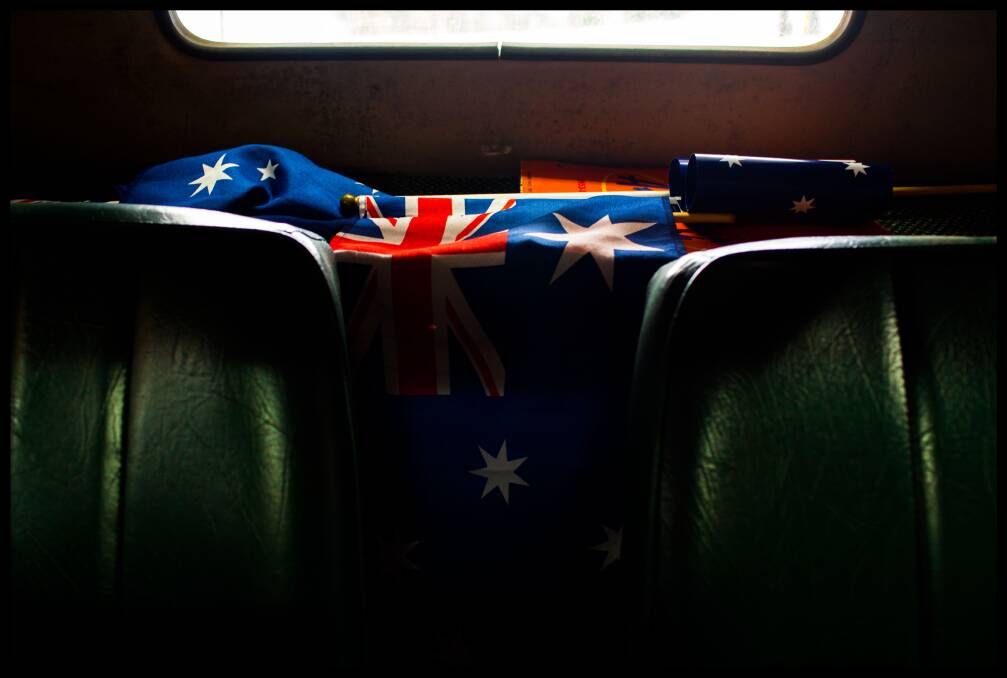 Aussie Flags in the 1941 Plymouth utility vehicle. This ute was once used by the Land Army in WW2. Photo: Rachel Mounsey