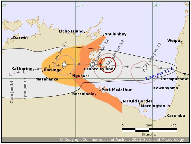 PATH: Forecasted movement of ex-tropical cyclone Tiffany as of 7:22 am ACST Tuesday. Source: BoM