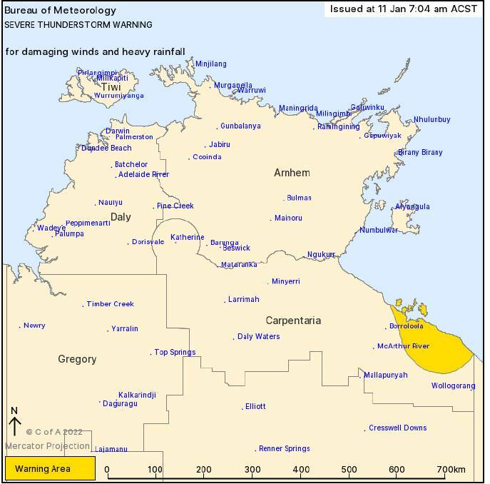 The area of a warning for severe thunderstorms is now around Boorooloola stretching to the Queensland border.
