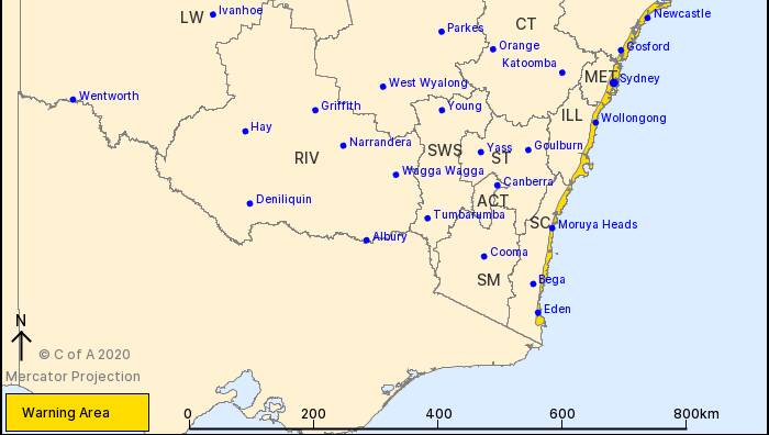 The severe weather warning covers the South Coast. This image was issued on July 16 at 5am. Image: Bureau of Meteorology 
