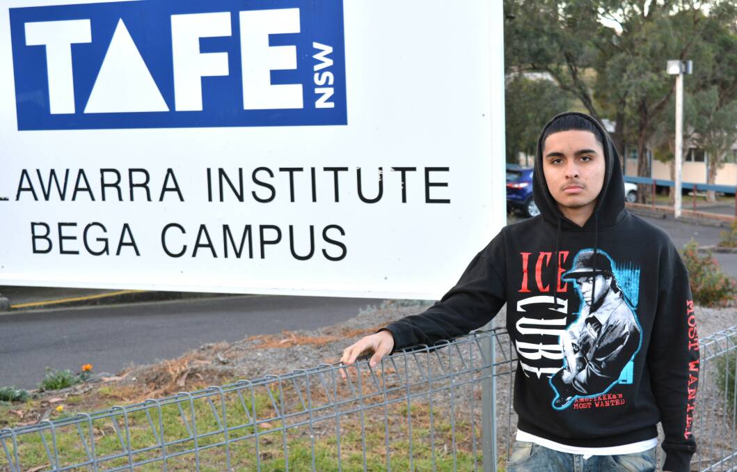 ONLINE STUDY: Joshua Ramirez stands outside the Bega's Barracks St TAFE campus. Picture: Ben Smyth 