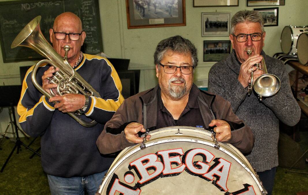 AND THE BAND PLAYED ON: The Bega District Band's Clyde Dibley, John Winson and Roger Tetley are encouraging more people to join the band. 