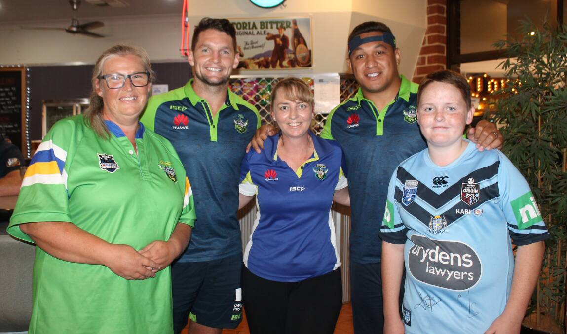 Jaimee Crofton and Kodie and Rory Smith of Eden meet their heroes Jarrod Croker and Josh Papalii at the Cobargo Hotel. 