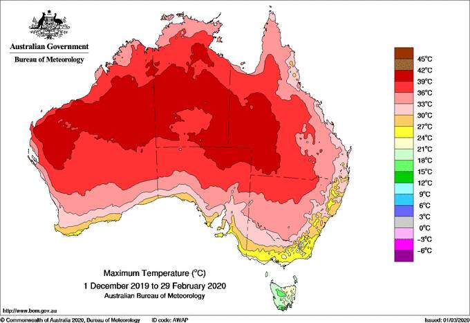 HOT SUMMER: This graph shows the mean daily maximum temperatures from December 1, 2019 to February 29, 2020. The Bega Valley is in the 24-27 degree Celsius range. Image: Bureau of Meteorology