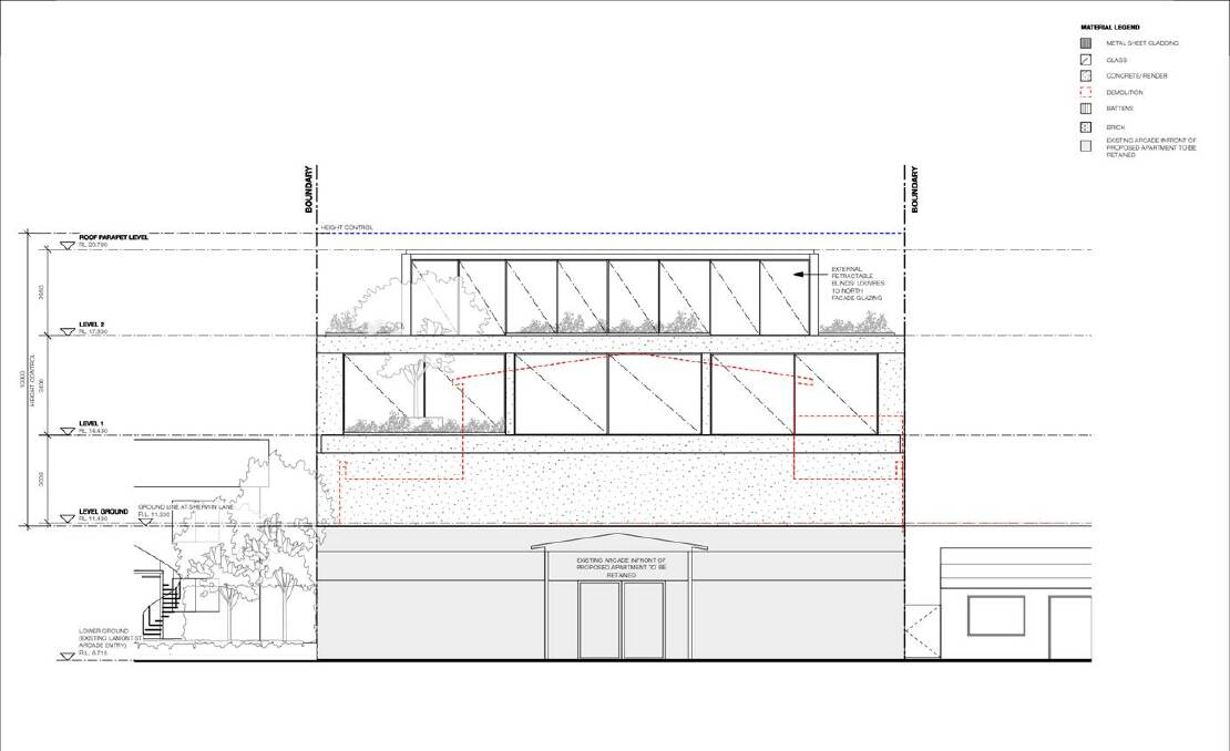 This image shows the revised plans for the construction on Lamont St behind the street's arcade. It shows council's 10metre height limit covers the planned three-storeys, not the current commercial arcade. Image: BVSC/Tobias Partners