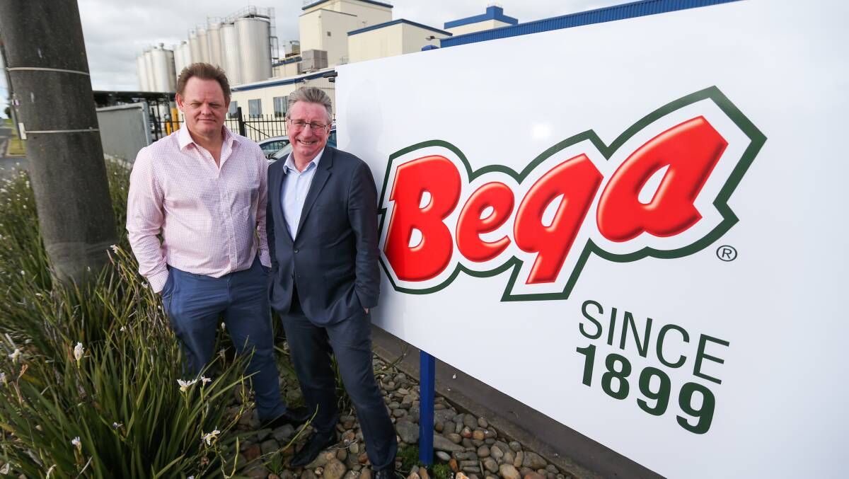 EARNINGS HIT: Bega CEO Paul van Heerwaarden and Bega Cheese chair Barry Irvin outside the Koroit Bega factory. Picture: Morgan Hancock