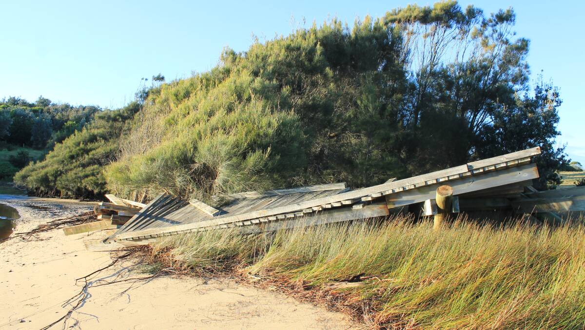 The remains of the Wallaga Lake Boardwalk after the June 2016 storms. 