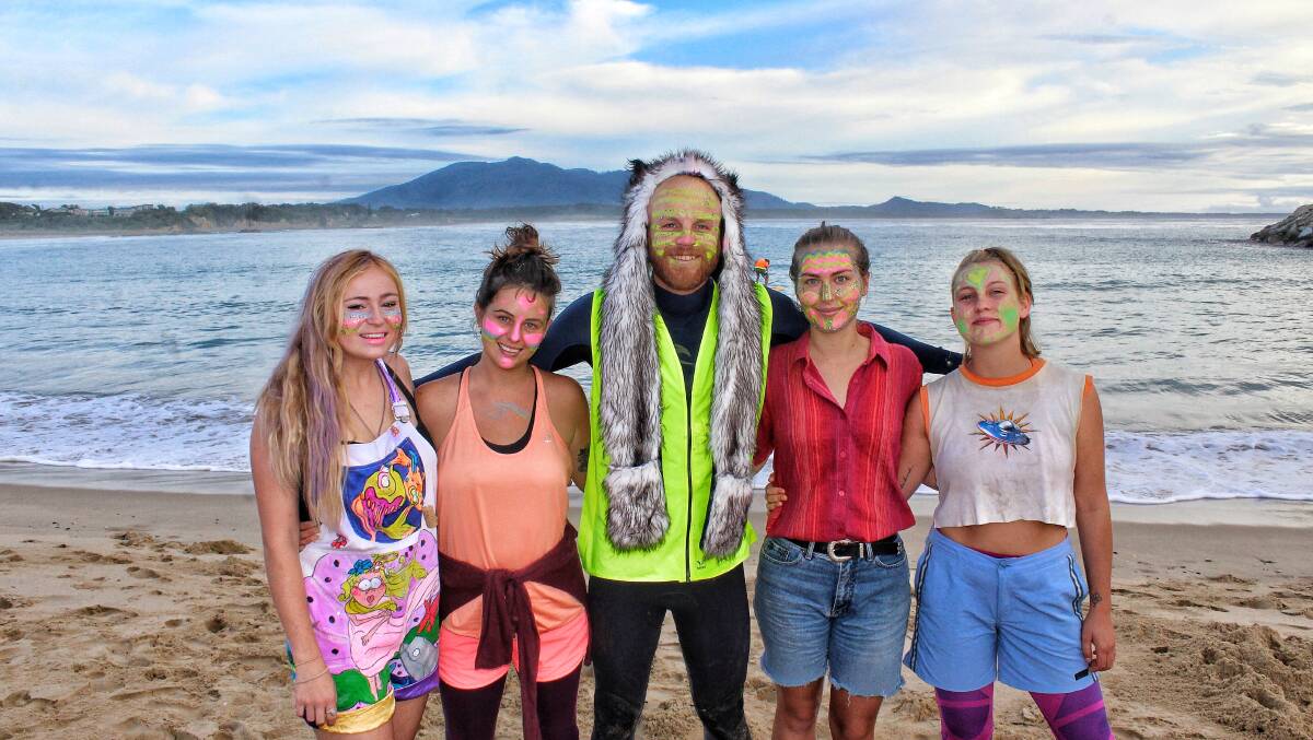 FLURO OUTFITS: Attending the OneWave event in Bermagui are Olivia McCabe of Bermagui, Bronte Lockwood of Mooney Mooney, Lochy McCabe of Bermagui, Cassandra Cunningham of Fall's Creek and Skye Flattum of Beauty Point. 