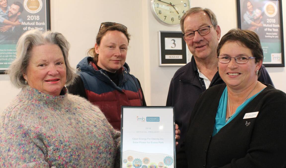 GENEROUS: CEFE's Prue Kelly, Evans Park committee's Bianca Horsfall and Russell Hodges and Bega IMB Bank's Sharon Shepherd hold the certificate for the grant.