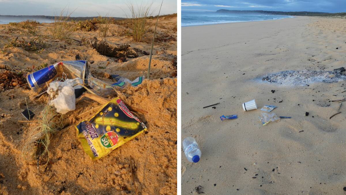 UNPLEASANT FIND: Karen Joynes from No Balloon Release Australia said she found the rubbish in these pictures as well as a campfire on a beach south of Bermagui after the June long weekend. 