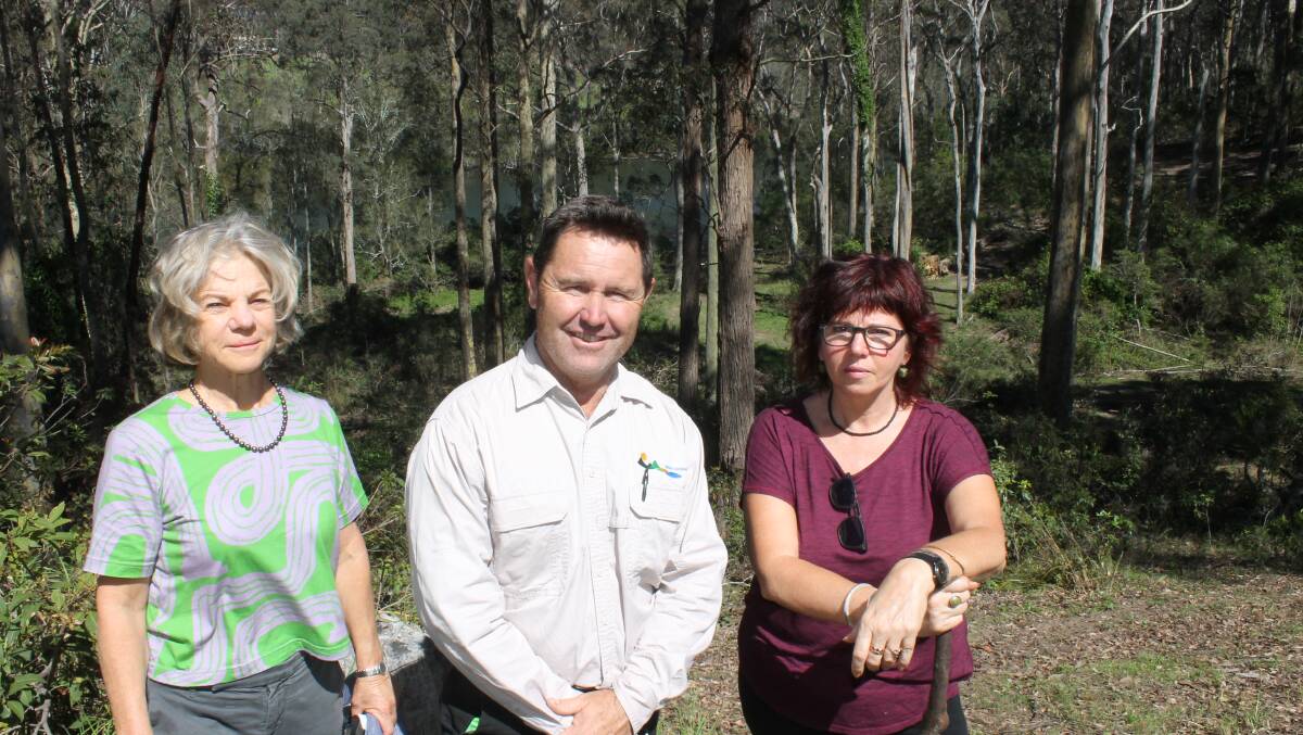 Bega Valley Shire councillors Cathy Griff and Jo Dodds visit the Salty Lagoon site with compliance officer Chris Pearson to view the damage to the area. 