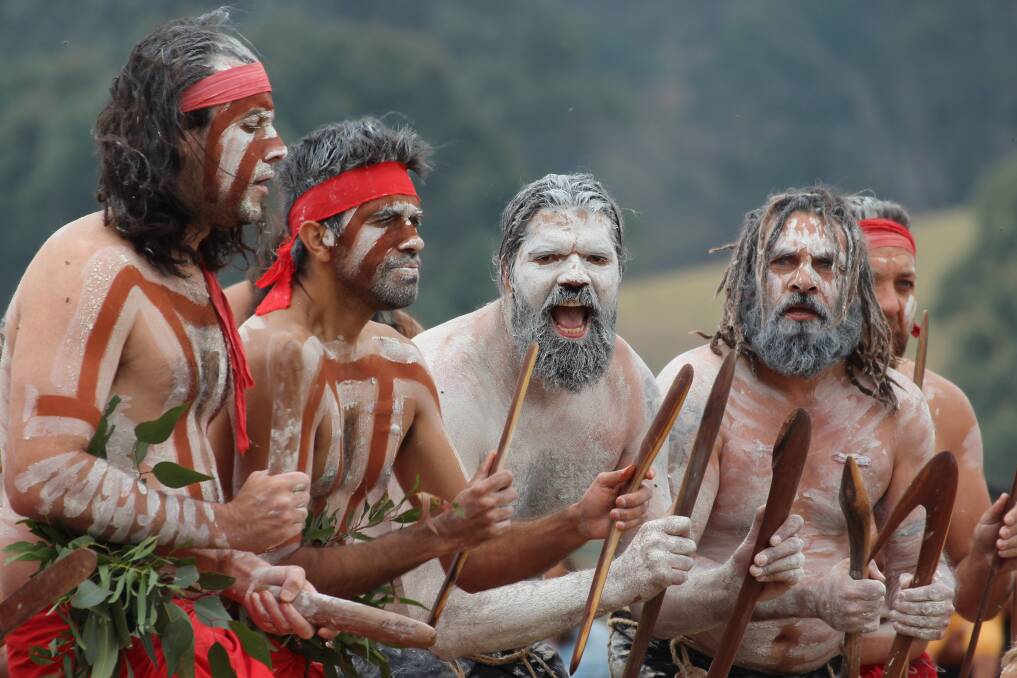 People of the Yuin Nation gather at Gulaga on December 1, 2019 to celebrate unity through traditional dance. Picture: Albert McKnight 