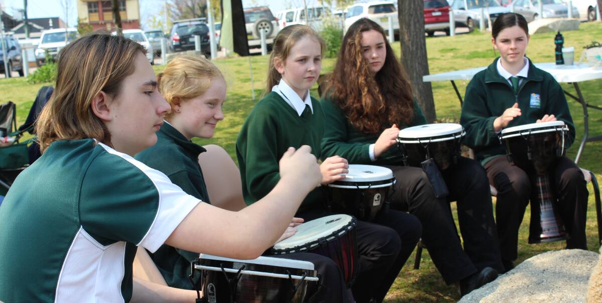 MAKING MUSIC: SCAC's Year 7 students demonstrating DRUMBEAT are Luke Collins, Phoebe Gilham, Amy De Friskbom, Grace Burns and Kassie Shipton. 