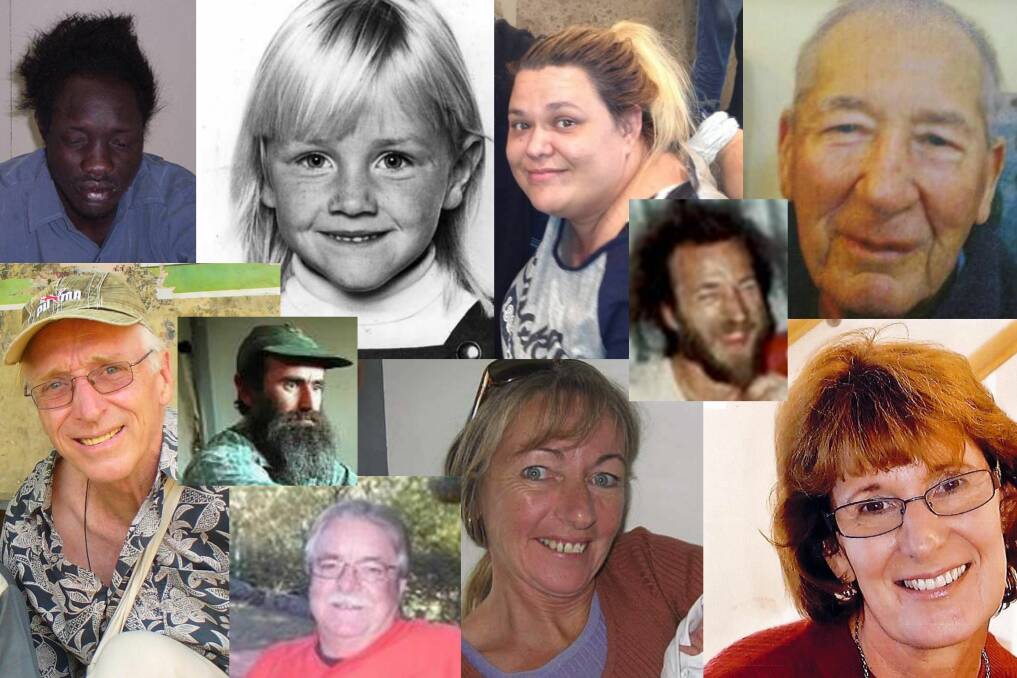 The people missing from the Far South Coast are (clockwise from top left) David Abuoi, Renee Aitken, Kellie-Anne Levitski, Peter Messariti, Raymond Speechley, Elizabeth Hallahan, Sylvia Pajuczok, Peter Jeacle, Shane Spiller and Garry Verrall. 