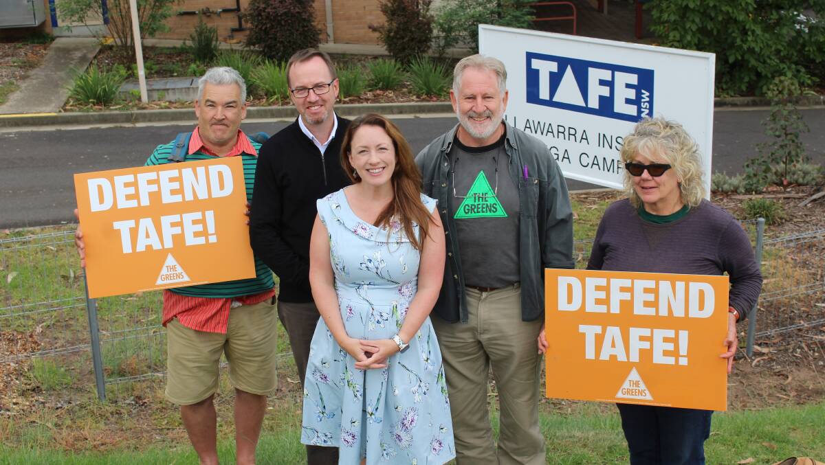 CAMPAIGN TRAIL: David Shoebridge, Abigail Boyd and Will Douglas are flanked by supporters Keith Hughes and Harriet Swift outside the Bega TAFE college on March 13. 
