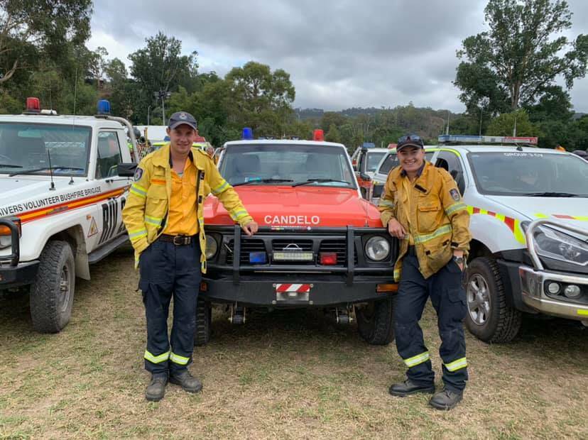 COMMUNITY SPIRIT: Jack Matthews and Matt Jennings from the Candelo Rural Fire Service have travelled to Victoria to assist in fire management. 