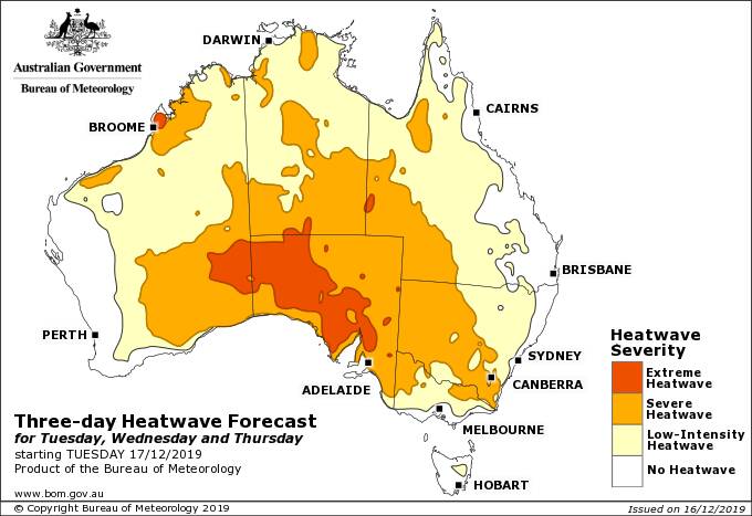 This map from the Bureau of Meteorology shows the heatwave forecast for Australia from Tuesday. Credit: BOM